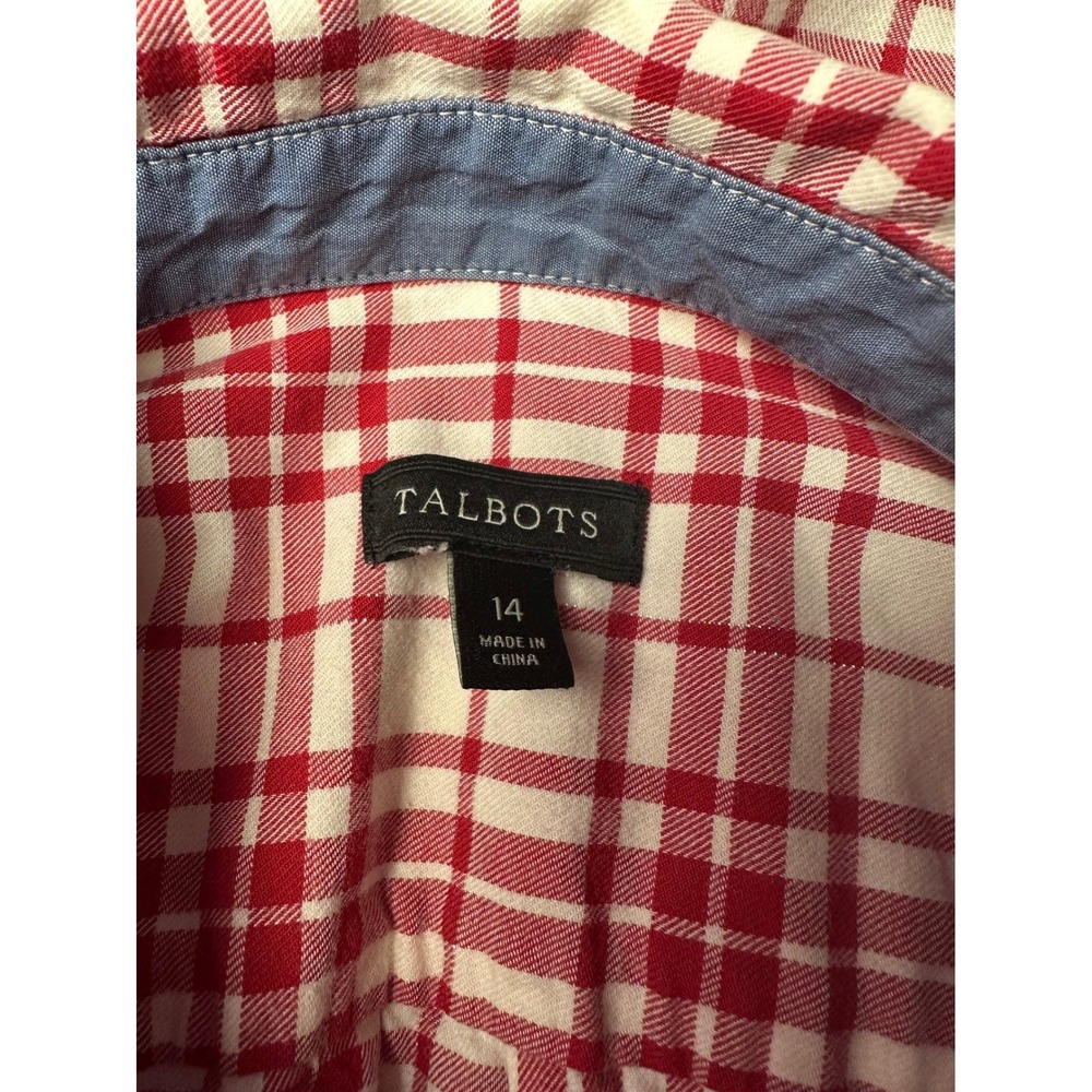 Talbots Plaid Button Down Women 14 Red White Metallic Roll Tab Sleeve Shirt - Picture 3 of 8